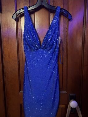 Johnathan Kayne Royal Blue V-Neck Beaded Mini Dress